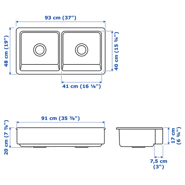 HAVSEN Fregadero doble+frente visible, blanco, 37x19 "