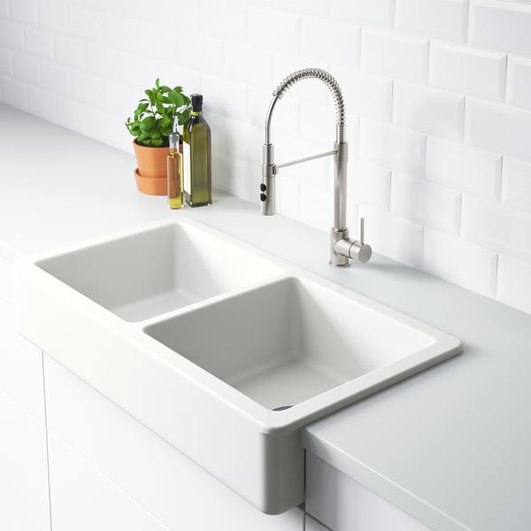 HAVSEN Fregadero doble+frente visible, blanco, 37x19 "