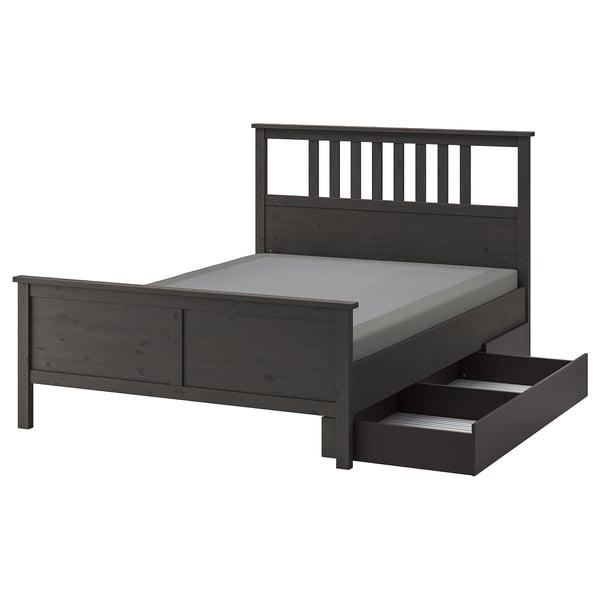 HEMNES Armazón cama+2 cajas almacenaje, gris oscuro teñido/Lyngör gris oscuro, Tamaño queen