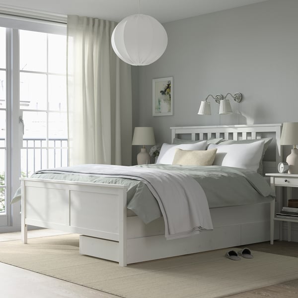 HEMNES Armazón cama+2 cajas almacenaje, teñido en blanco/Lyngör blanco, Tamaño queen