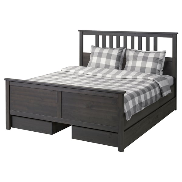 HEMNES Armazón cama+4 cajas almacenaje, gris oscuro teñido/Luröy, Tamaño queen