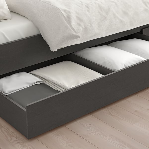 HEMNES Armazón cama+4 cajas almacenaje, gris oscuro teñido/Lyngör blanco, Tamaño King