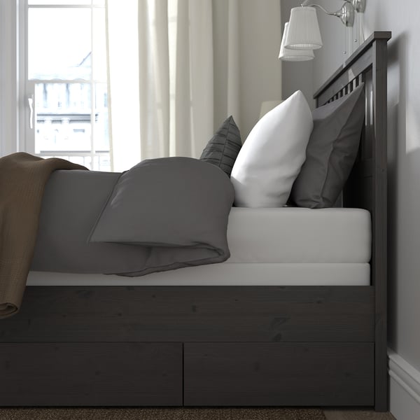 HEMNES Armazón cama+4 cajas almacenaje, gris oscuro teñido/Lyngör blanco, Tamaño King