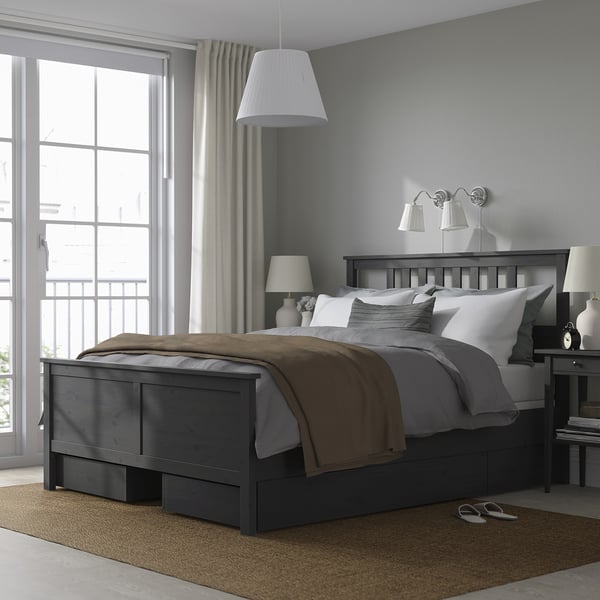 HEMNES Armazón cama+4 cajas almacenaje, gris oscuro teñido/Lyngör blanco, Tamaño King