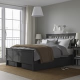 HEMNES Armazón cama+4 cajas almacenaje, gris oscuro teñido/Lyngör blanco, Tamaño King
