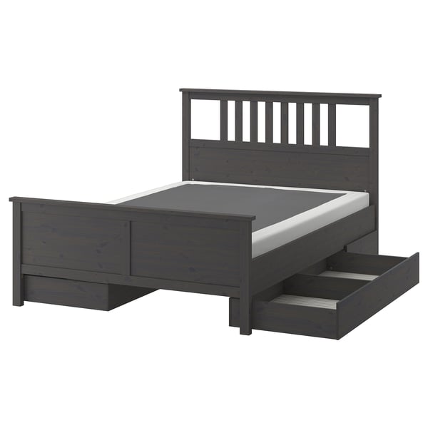 HEMNES Armazón cama+4 cajas almacenaje, gris oscuro teñido/Lyngör blanco, Tamaño King