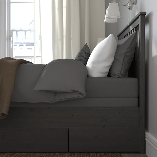 HEMNES Armazón cama+4 cajas almacenaje, gris oscuro teñido/Lyngör gris oscuro, Tamaño queen