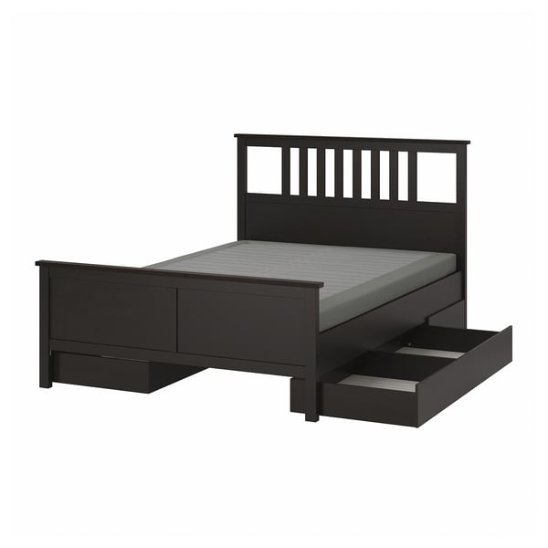 HEMNES Armazón cama+4 cajas almacenaje, negro-marrón/Lyngör gris oscuro, Tamaño queen