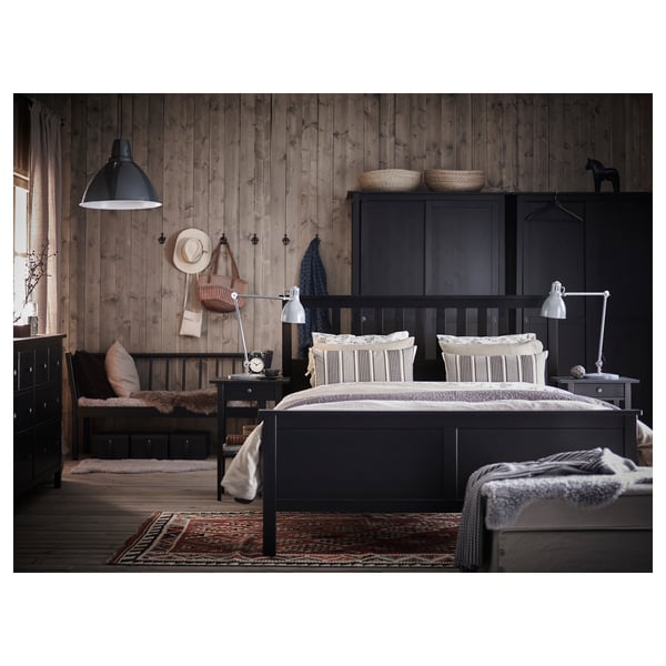 HEMNES Armazón de cama, negro-marrón/Lönset, Tamaño queen