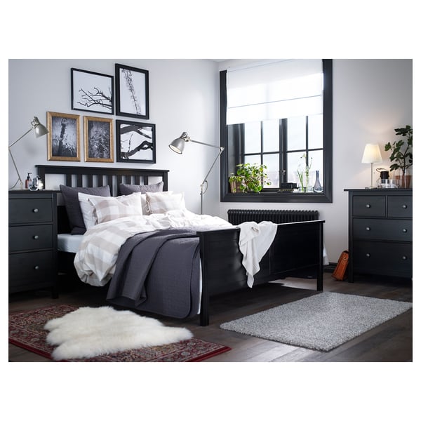 HEMNES Armazón de cama, negro-marrón/Lönset, Tamaño queen