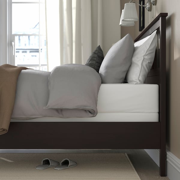 HEMNES Armazón de cama, negro-marrón/Lyngör blanco, Tamaño King