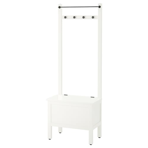HEMNES Banco almacenaje+toallero/4 ganchos, blanco, 25 1/4x14 5/8x68 1/8 "