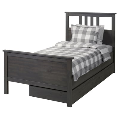 HEMNES Base de cama+2 cajas almacenamiento, gris oscuro teñido/Luröy, Tamaño twin