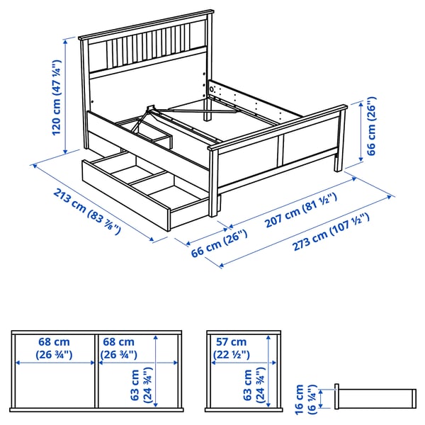 HEMNES Base de cama+2 cajas almacenamiento, gris oscuro teñido/Luröy, Tamaño King