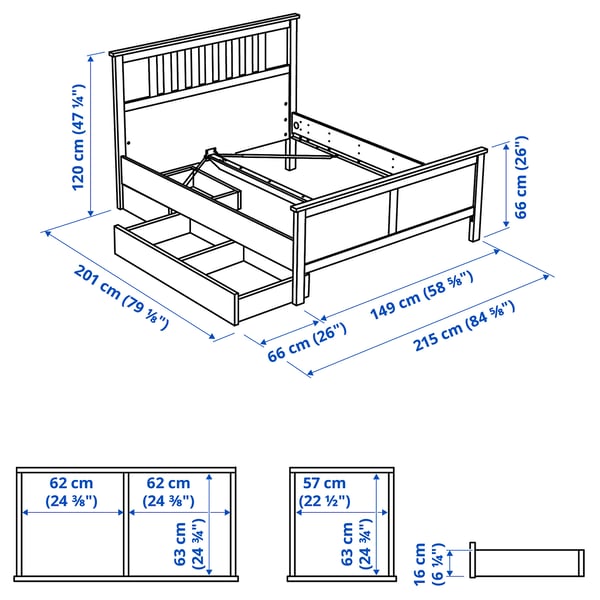 HEMNES Base de cama+2 cajas almacenamiento, gris oscuro teñido/Luröy, Tamaño full