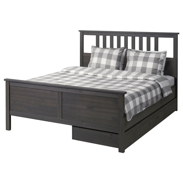 HEMNES Base de cama+2 cajas almacenamiento, gris oscuro teñido/Lyngör blanco, Tamaño queen