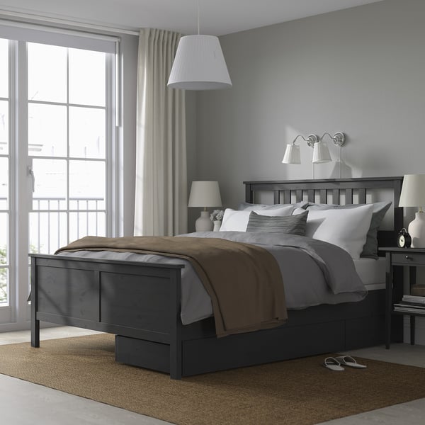 HEMNES Base de cama+2 cajas almacenamiento, gris oscuro teñido/Lyngör blanco, Tamaño queen