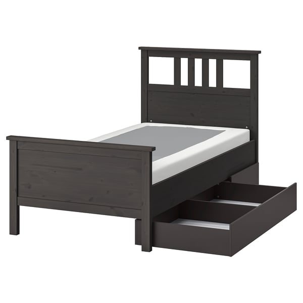 HEMNES Base de cama+2 cajas almacenamiento, gris oscuro teñido/Lyngör blanco, Tamaño twin