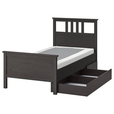 HEMNES Base de cama+2 cajas almacenamiento, gris oscuro teñido/Lyngör blanco, Tamaño twin