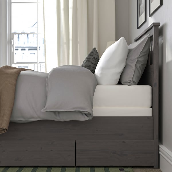 HEMNES Base de cama+2 cajas almacenamiento, gris oscuro teñido/Lyngör blanco, Tamaño twin
