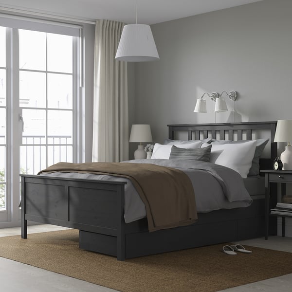 HEMNES Base de cama+2 cajas almacenamiento, gris oscuro teñido/Lyngör gris oscuro, Tamaño King