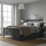 HEMNES Base de cama+2 cajas almacenamiento, gris oscuro teñido/Lyngör gris oscuro, Tamaño queen