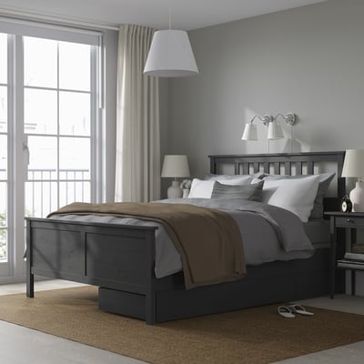 HEMNES Base de cama+2 cajas almacenamiento, gris oscuro teñido/Lyngör gris oscuro, Tamaño full