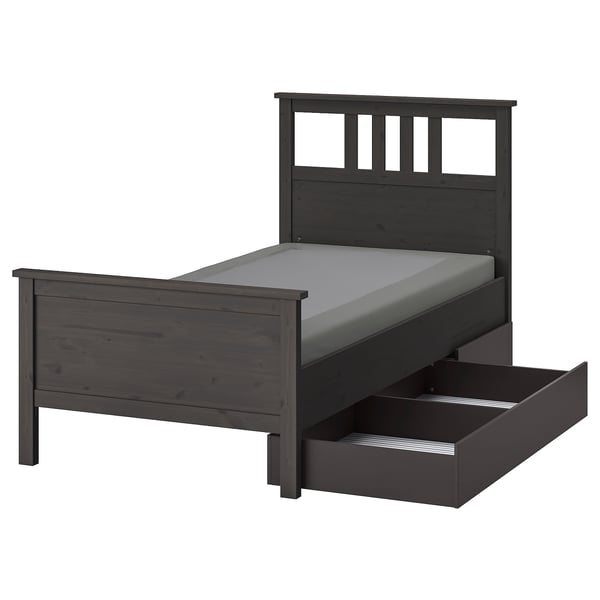 HEMNES Base de cama+2 cajas almacenamiento, gris oscuro teñido/Lyngör gris oscuro, Tamaño twin