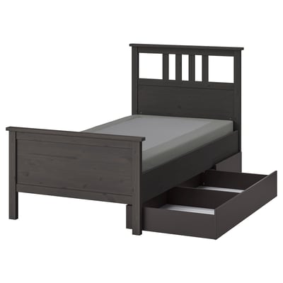 HEMNES Base de cama+2 cajas almacenamiento, gris oscuro teñido/Lyngör gris oscuro, Tamaño twin