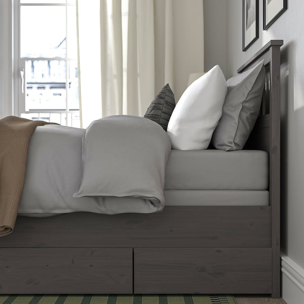 HEMNES Base de cama+2 cajas almacenamiento, gris oscuro teñido/Lyngör gris oscuro, Tamaño twin