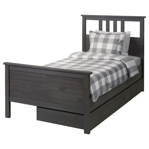 HEMNES Base de cama+2 cajas almacenamiento, gris oscuro teñido, Tamaño twin