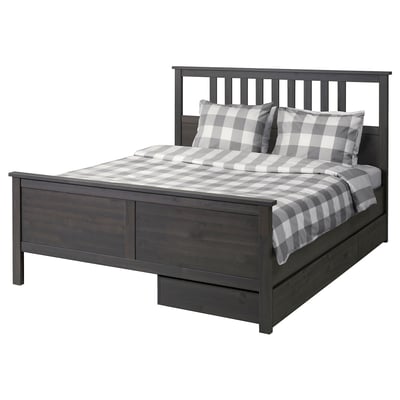 HEMNES Base de cama+2 cajas almacenamiento, gris oscuro teñido, Tamaño King