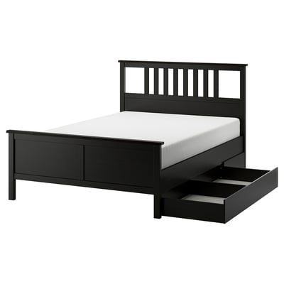 HEMNES Base de cama+2 cajas almacenamiento, negro-marrón/Luröy, Tamaño King