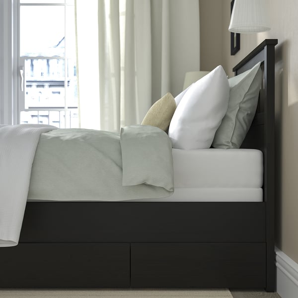 HEMNES Base de cama+2 cajas almacenamiento, negro-marrón/Lyngör blanco, Tamaño twin