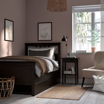 HEMNES Base de cama+2 cajas almacenamiento, negro-marrón/Lyngör blanco, Tamaño twin