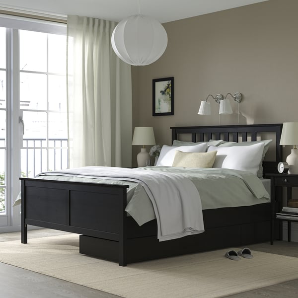 HEMNES Base de cama+2 cajas almacenamiento, negro-marrón/Lyngör blanco, Tamaño full