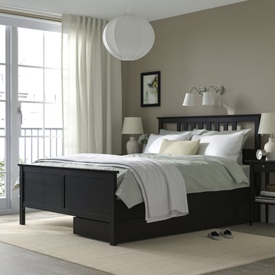 HEMNES Base de cama+2 cajas almacenamiento, negro-marrón/Lyngör blanco, Tamaño full