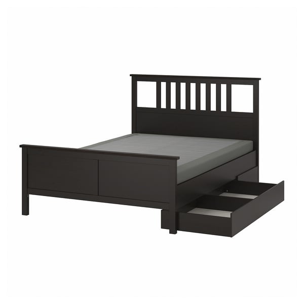 HEMNES Base de cama+2 cajas almacenamiento, negro-marrón/Lyngör gris oscuro, Tamaño King