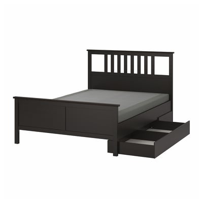 HEMNES Base de cama+2 cajas almacenamiento, negro-marrón/Lyngör gris oscuro, Tamaño queen