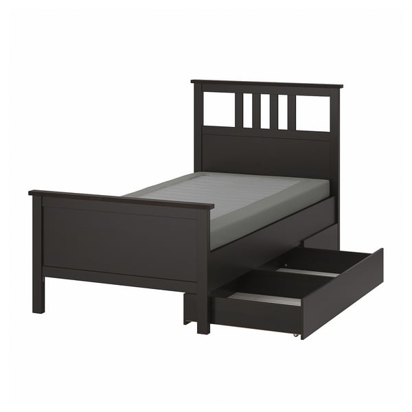 HEMNES Base de cama+2 cajas almacenamiento, negro-marrón/Lyngör gris oscuro, Tamaño twin