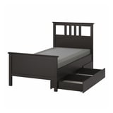 HEMNES Base de cama+2 cajas almacenamiento, negro-marrón/Lyngör gris oscuro, Tamaño twin