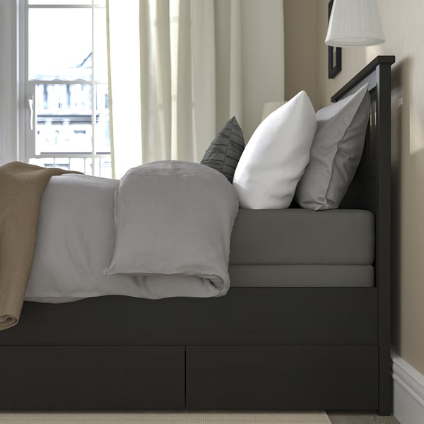 HEMNES Base de cama+2 cajas almacenamiento, negro-marrón/Lyngör gris oscuro, Tamaño twin