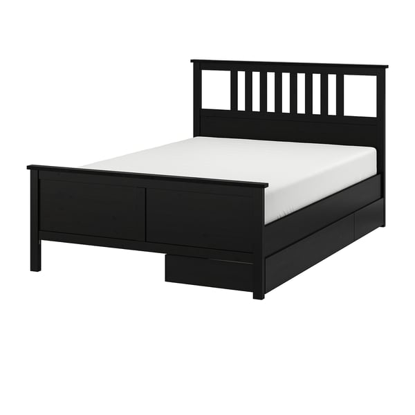 HEMNES Base de cama+2 cajas almacenamiento, negro-marrón, Tamaño queen