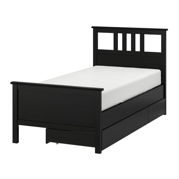 HEMNES Base de cama+2 cajas almacenamiento, negro-marrón, Tamaño twin