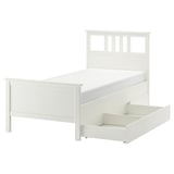 HEMNES Base de cama+2 cajas almacenamiento, teñido en blanco/Lönset, Tamaño twin