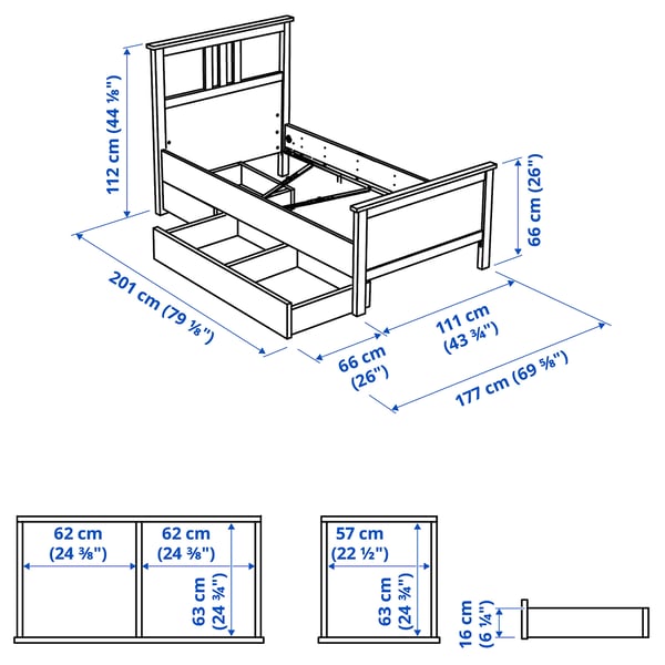 HEMNES Base de cama+2 cajas almacenamiento, teñido en blanco/Luröy, Tamaño twin