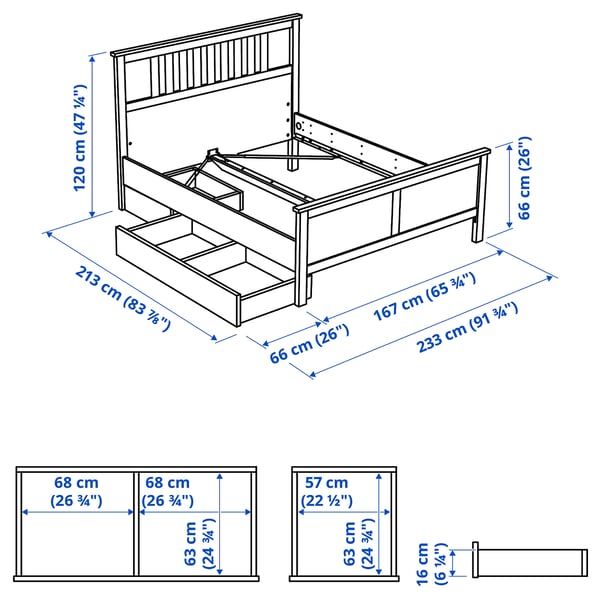 HEMNES Base de cama+2 cajas almacenamiento, teñido en blanco/Lyngör blanco, Tamaño queen