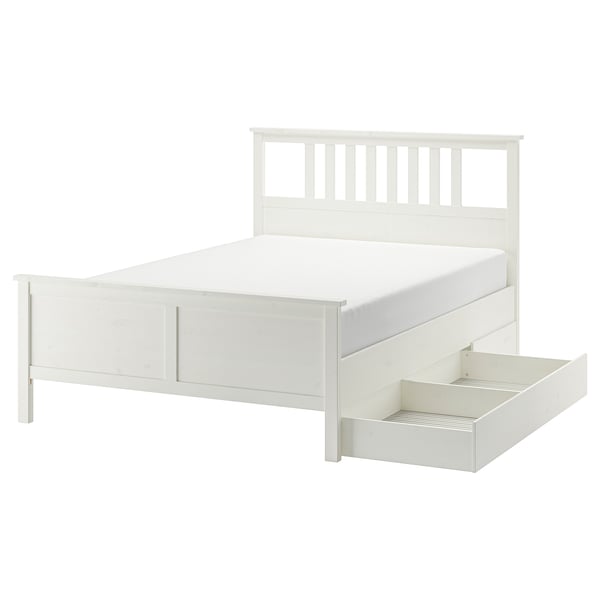 HEMNES Base de cama+2 cajas almacenamiento, teñido en blanco/Lyngör blanco, Tamaño queen