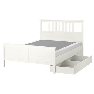 HEMNES Base de cama+2 cajas almacenamiento, teñido en blanco/Lyngör blanco, Tamaño queen