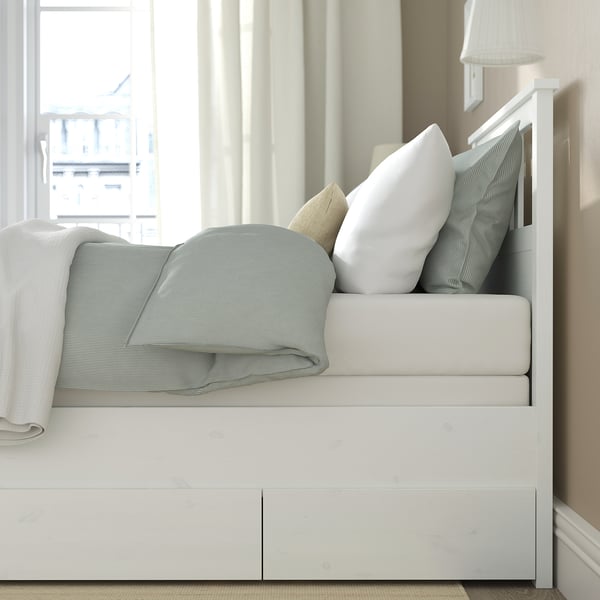 HEMNES Base de cama+2 cajas almacenamiento, teñido en blanco/Lyngör blanco, Tamaño twin